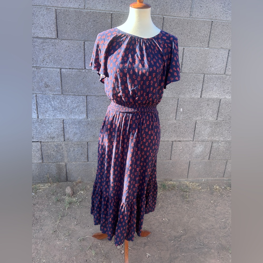 Caslon Navy & Red Midi Dress with Floral Patter and Flutter Sleeves